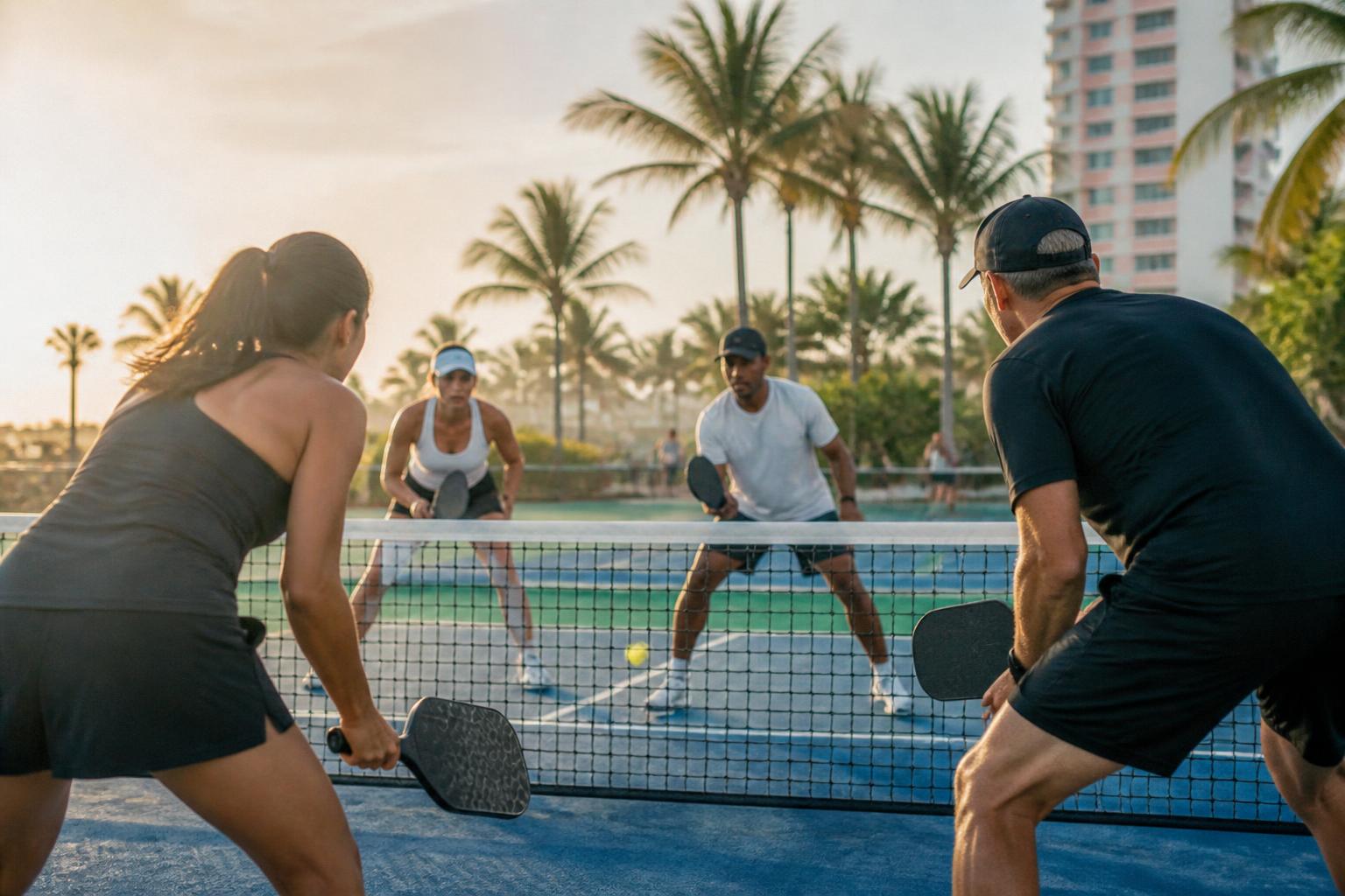 A South Florida pickleball community playing a competitive doubles match