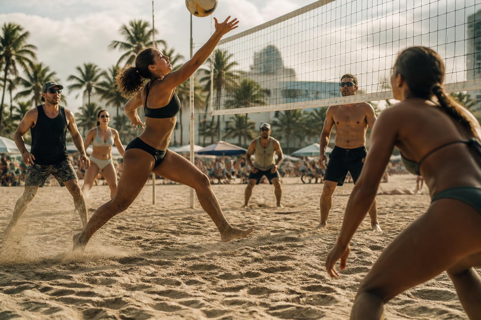 A beach volleyball community competing on a South Florida sand court