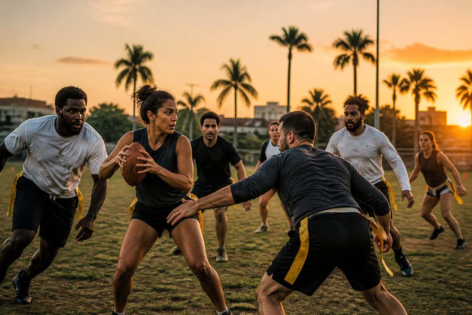 A South Florida flag football community competing at sunset