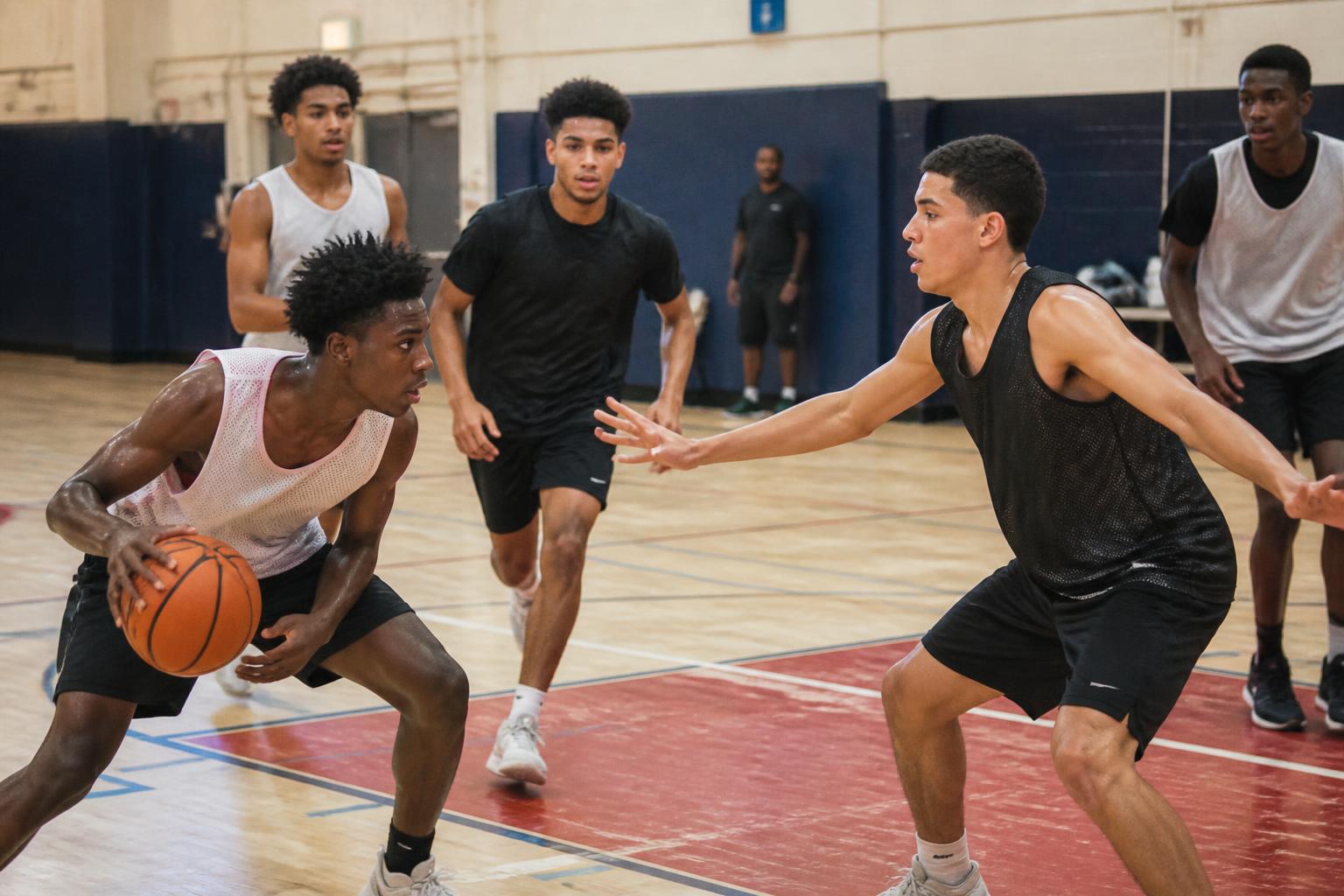 Teenage boys competing in a high-intensity South Florida community basketball practice