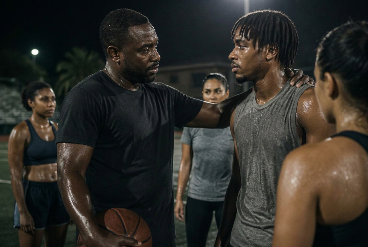 A Black male coach checking in with an athlete after a hard night session