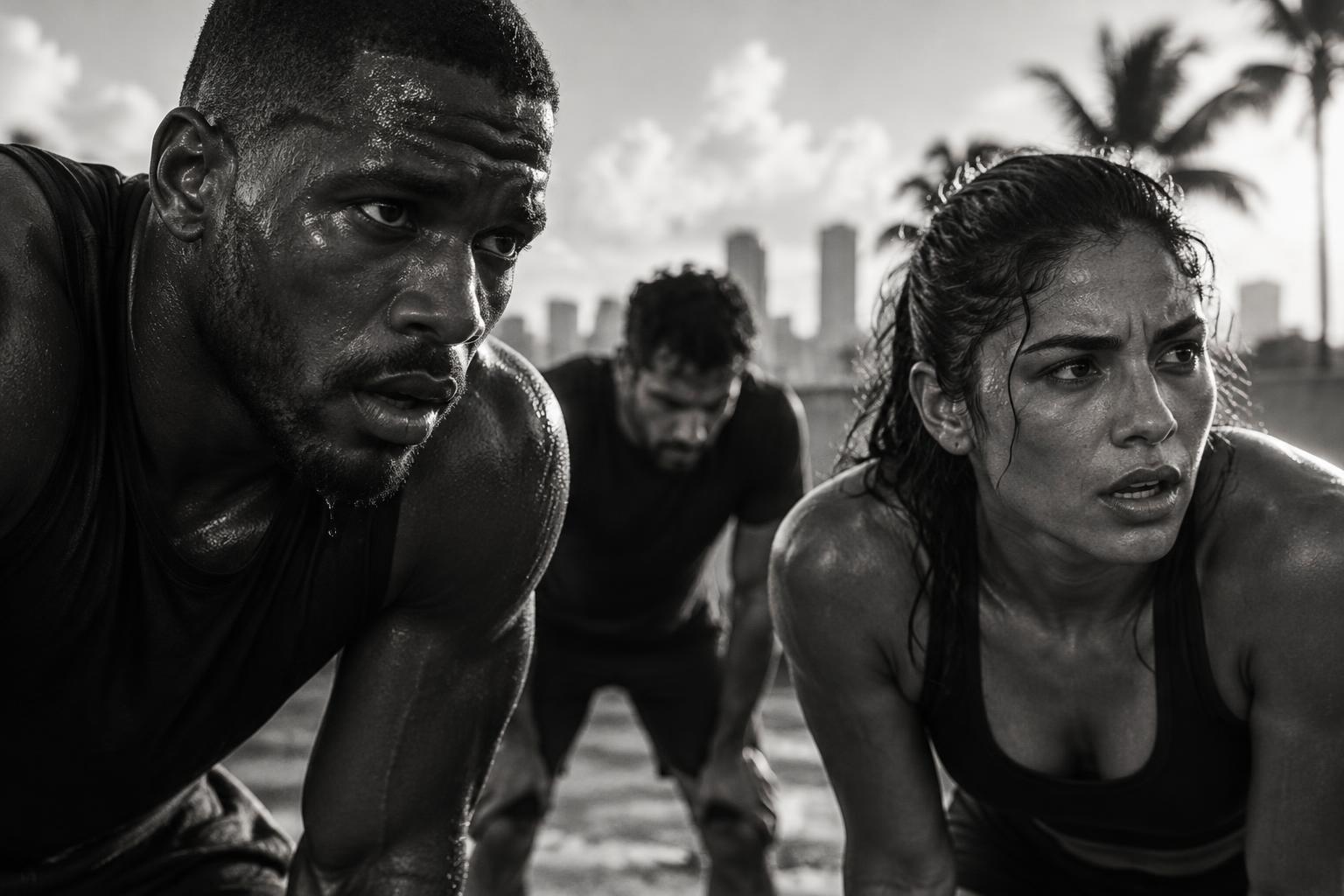 A diverse group of athletes catching their breath after an intense outdoor training session
