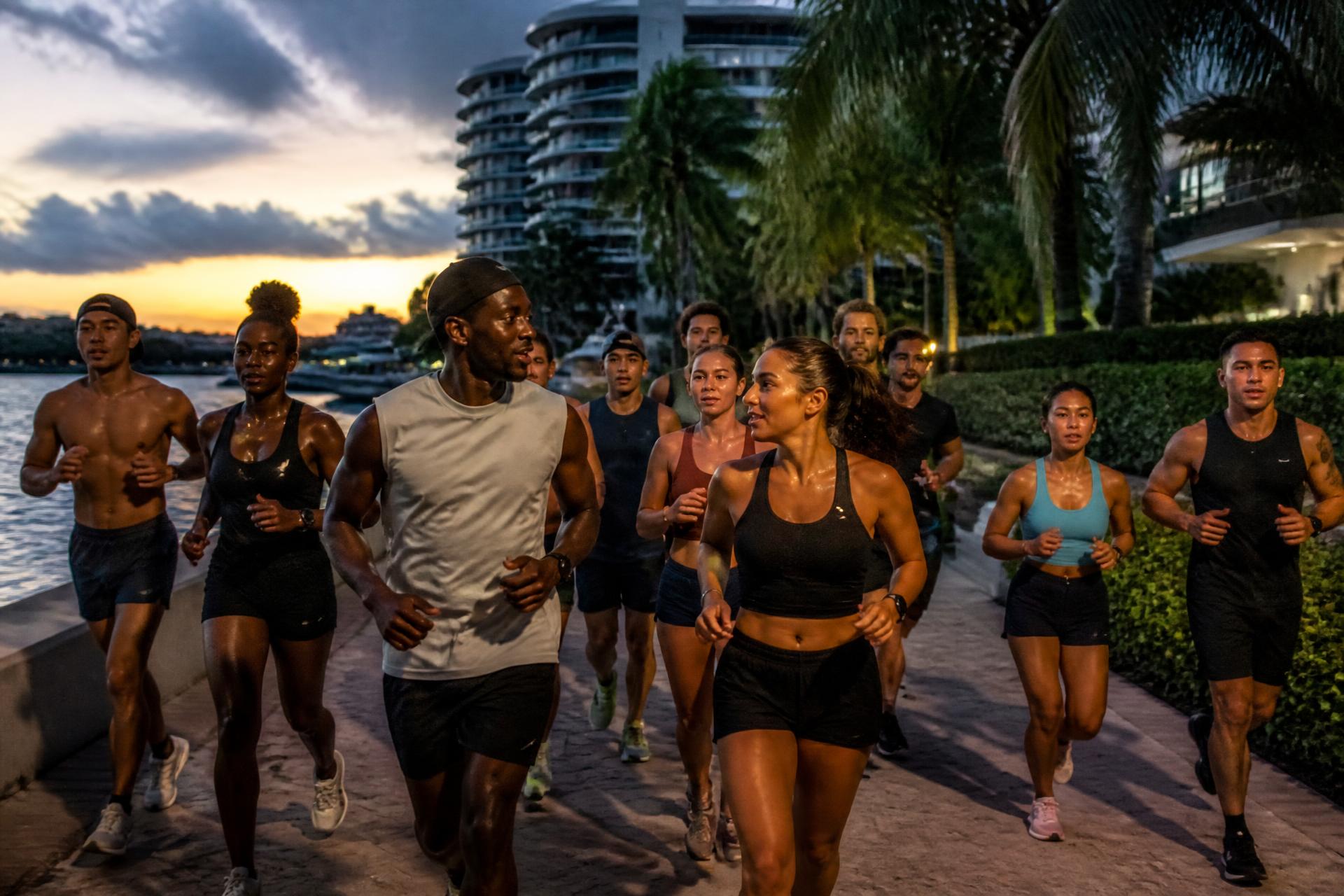 A diverse group of women and men running together along an Aventura waterfront at sunset