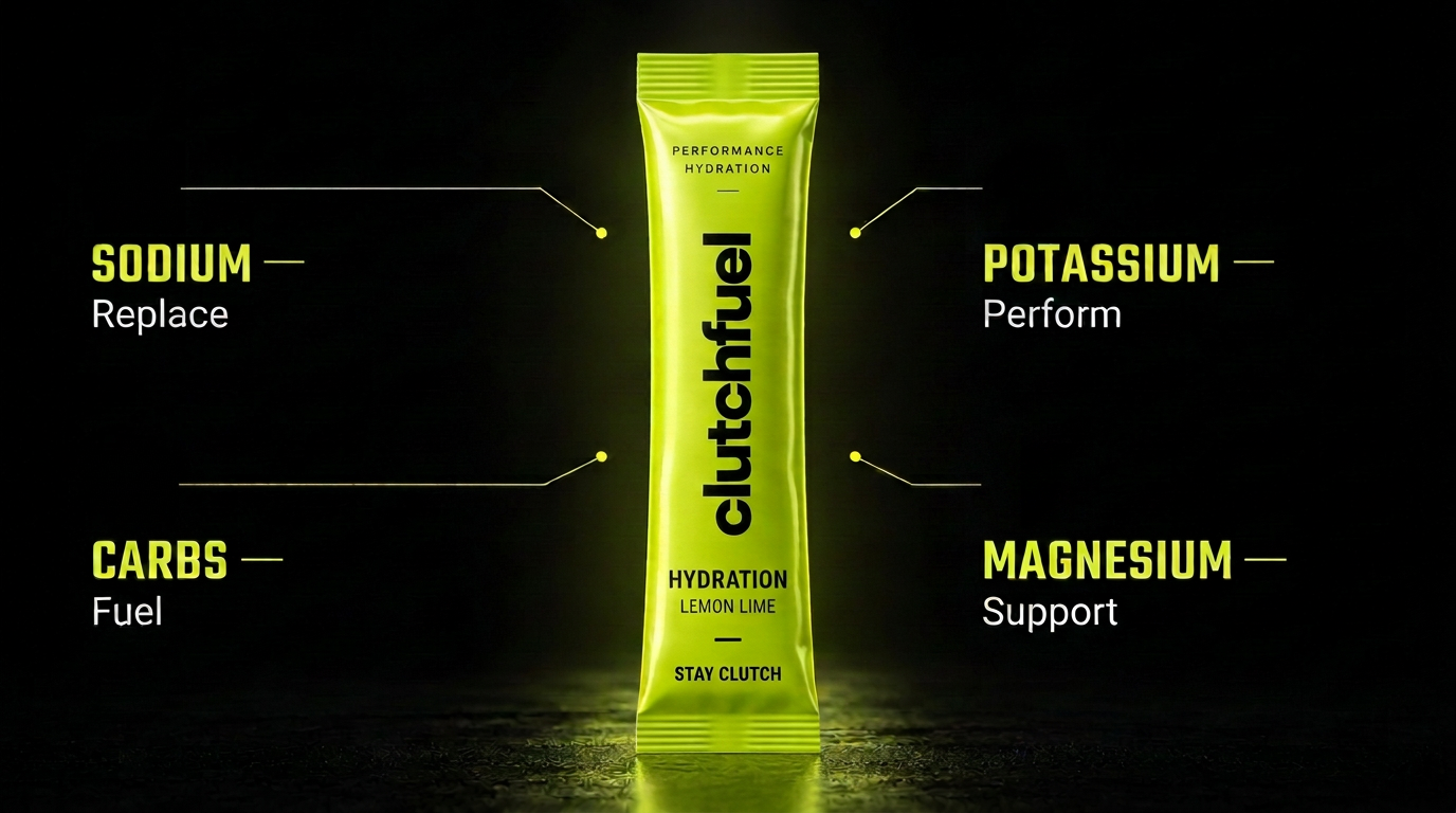 ClutchFuel Hydration development concept with sodium, potassium, carbs, and magnesium callouts