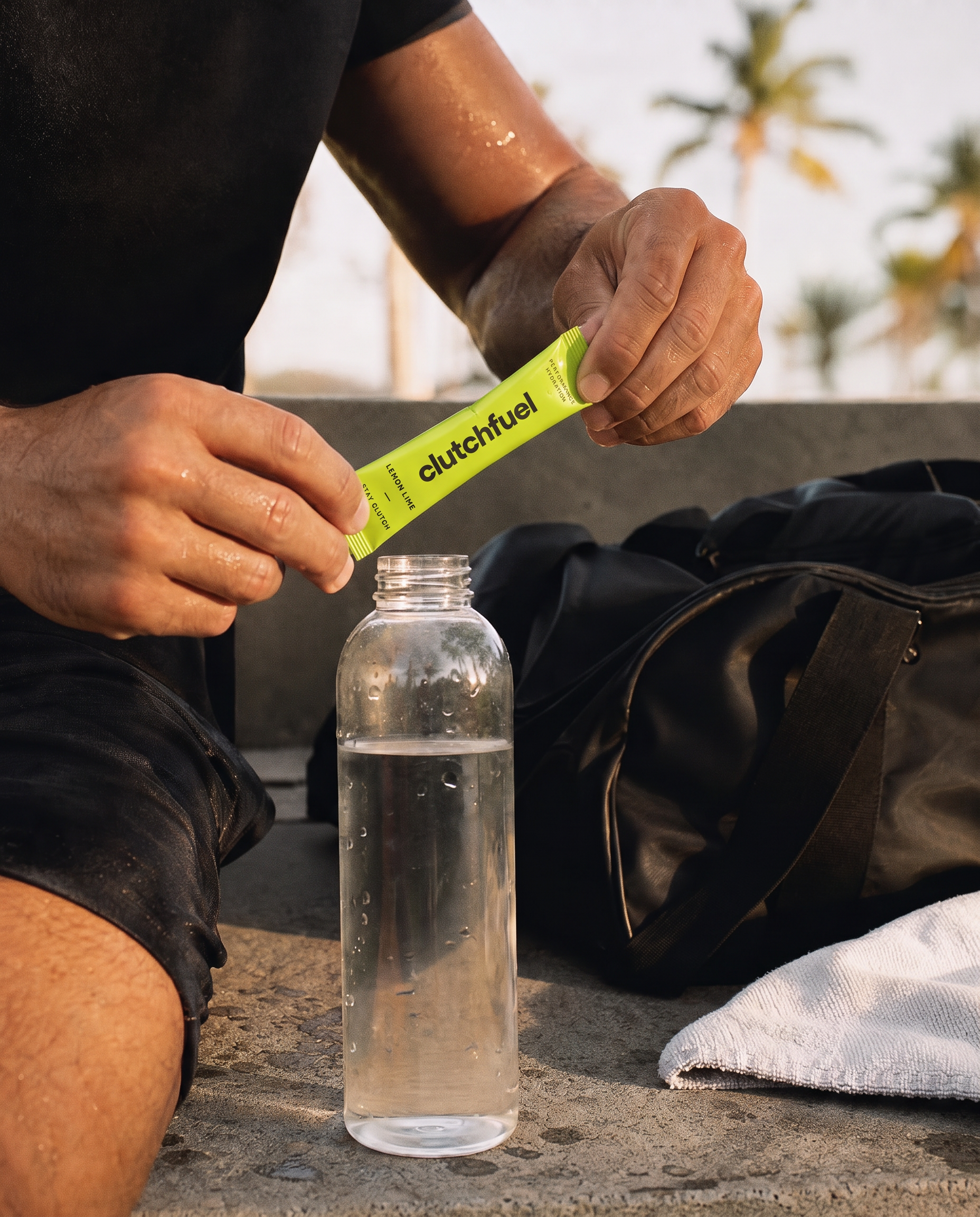 An athlete opening a lime ClutchFuel Performance Hydration stick over a clear bottle after training