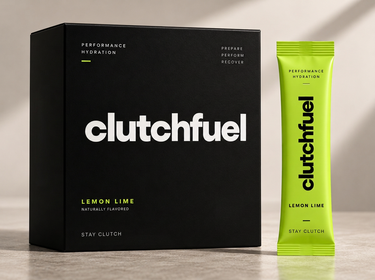 ClutchFuel Performance Hydration matte black carton and electric-lime Stay Clutch single-serve stick pack