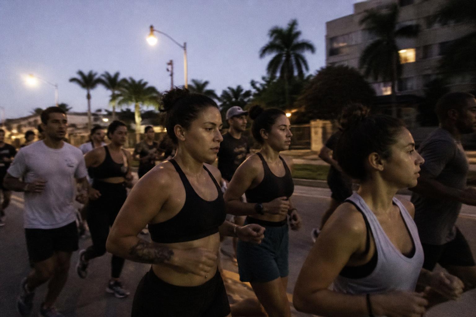 A diverse run crew moving together through a South Florida neighborhood before sunrise
