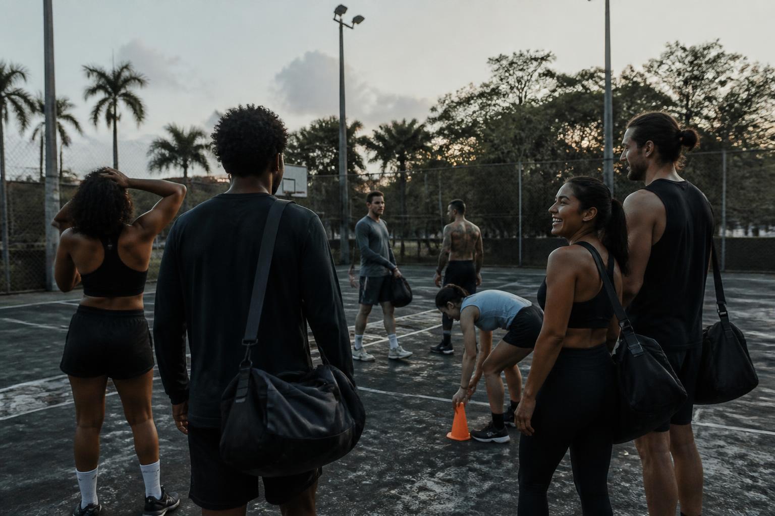 Community athletes arriving and setting up for an early morning outdoor session