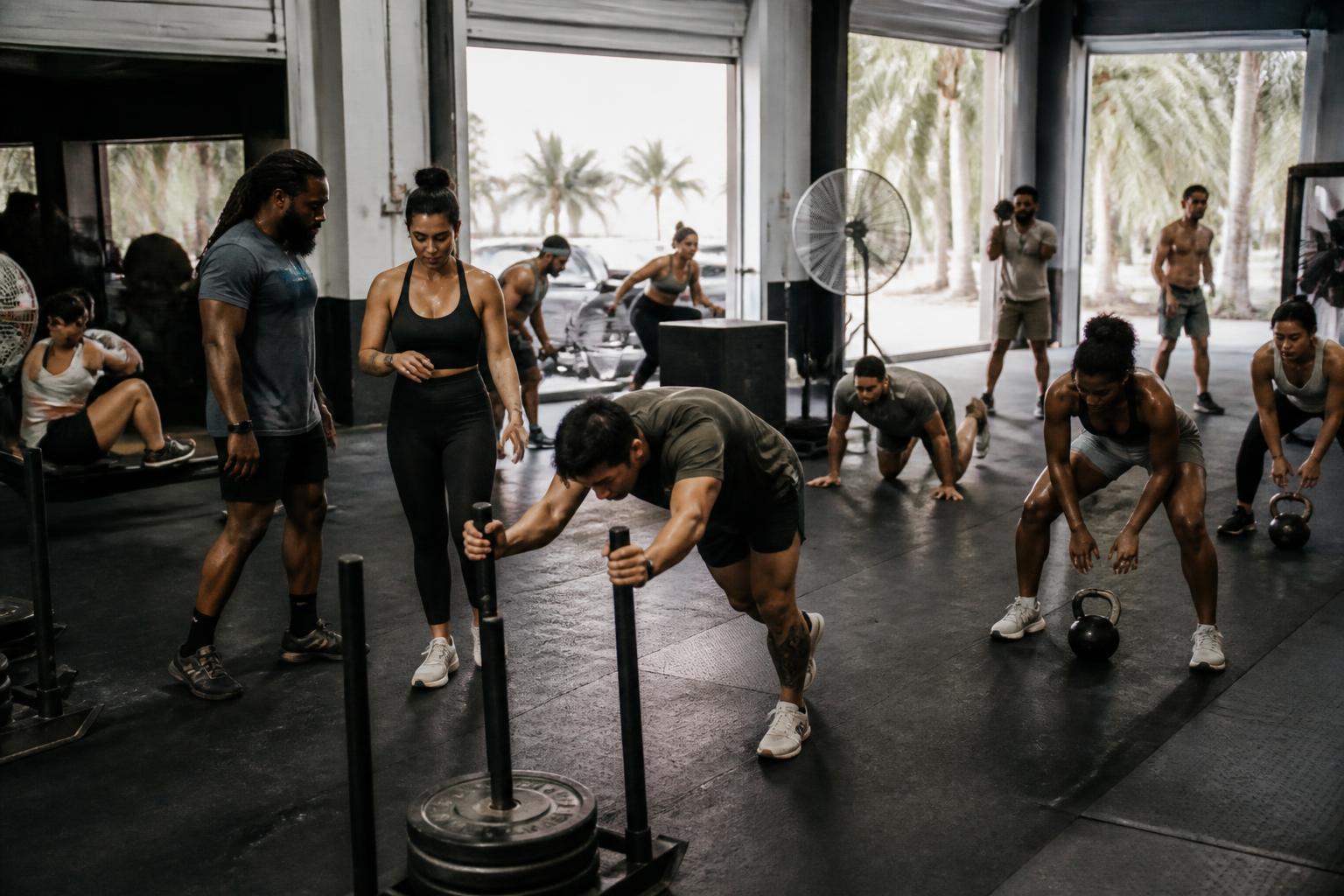 A highly diverse group of women and men training together in an open-air South Florida performance gym